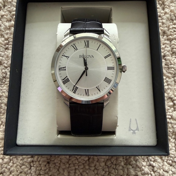 Bulova Other - Bulova Silver and Black Class Leather Strap Watch - 96A133